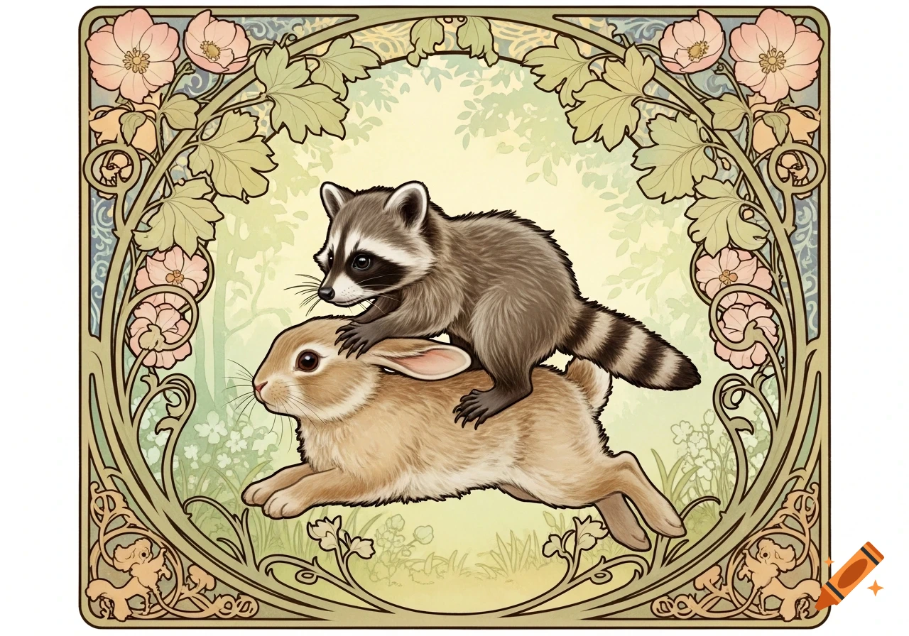 A baby raccoon riding a baby rabbit, framed by elegant pink flowers and green leaves in Art Nouveau style.