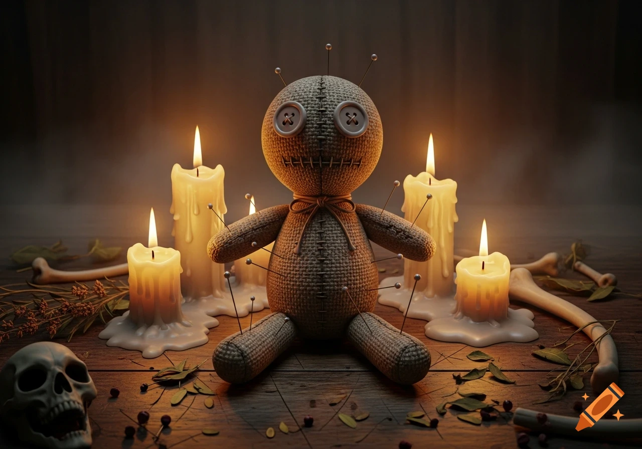 A photorealistic voodoo doll sits surrounded by lit candles, a skull, and bones on a wooden surface, evoking an occult theme.
