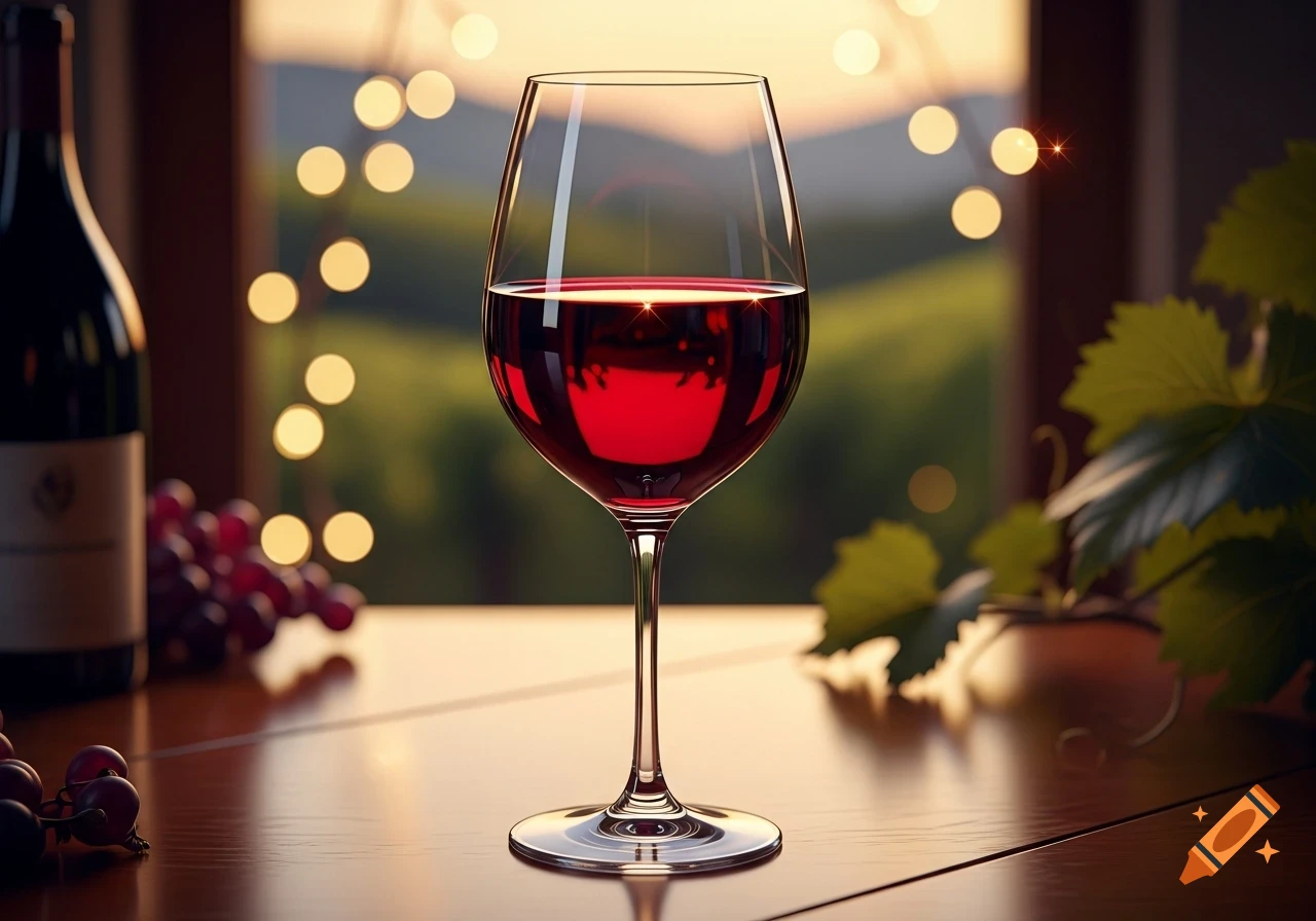 A glass of red wine, a bottle, and grapes on a wooden table, with a blurred vineyard and bokeh lights in the background.