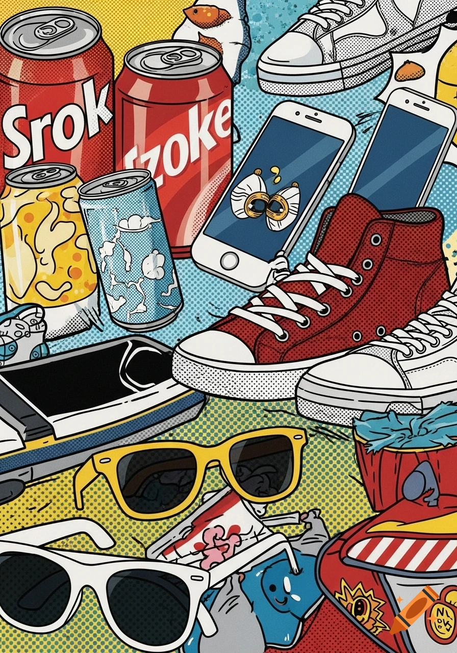 Pop Art collage of everyday objects including soda cans, sneakers, smartphones, and sunglasses, with halftone patterns.