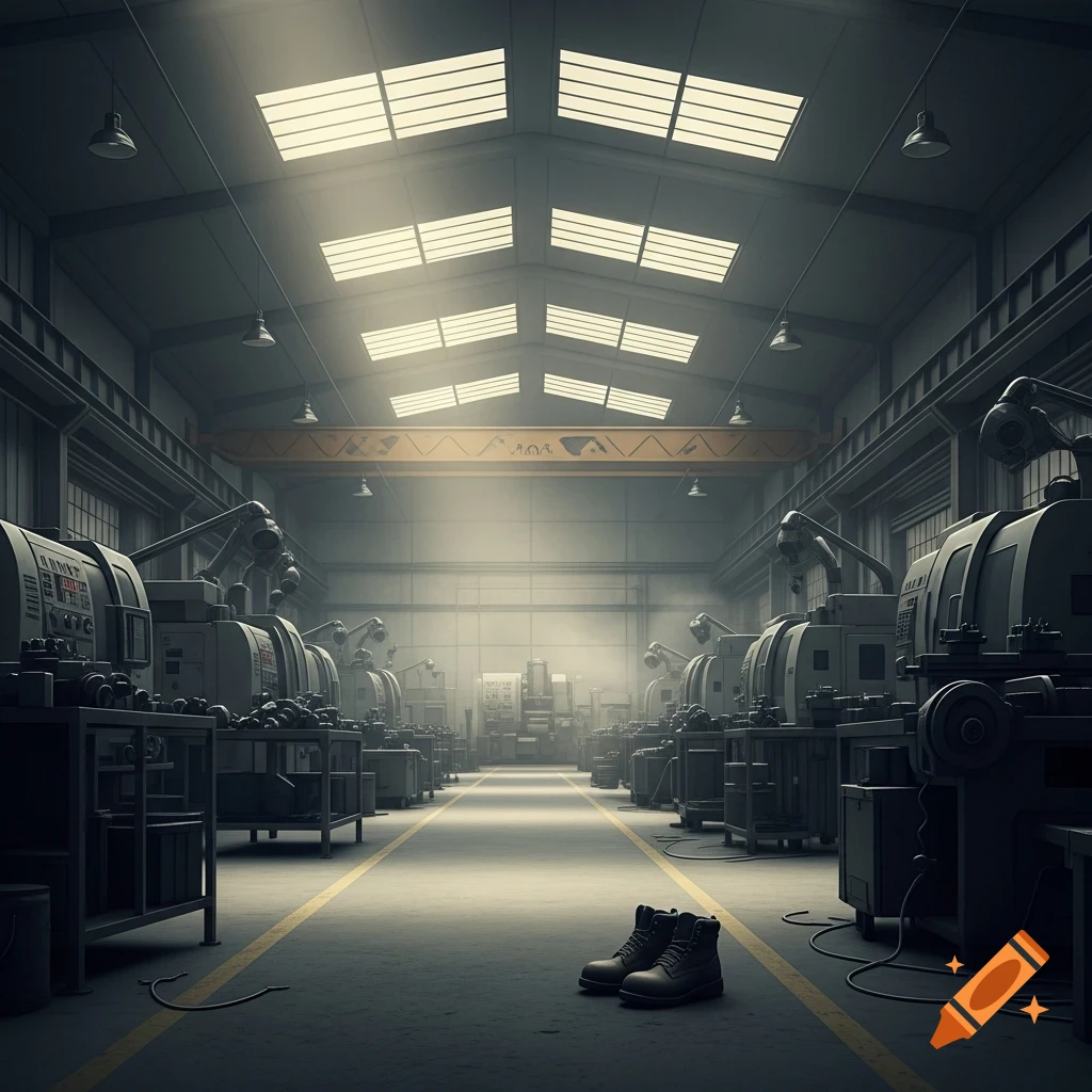 Photorealistic image of an empty factory floor lined with machinery under bright skylights, a pair of work boots sits on the concrete.