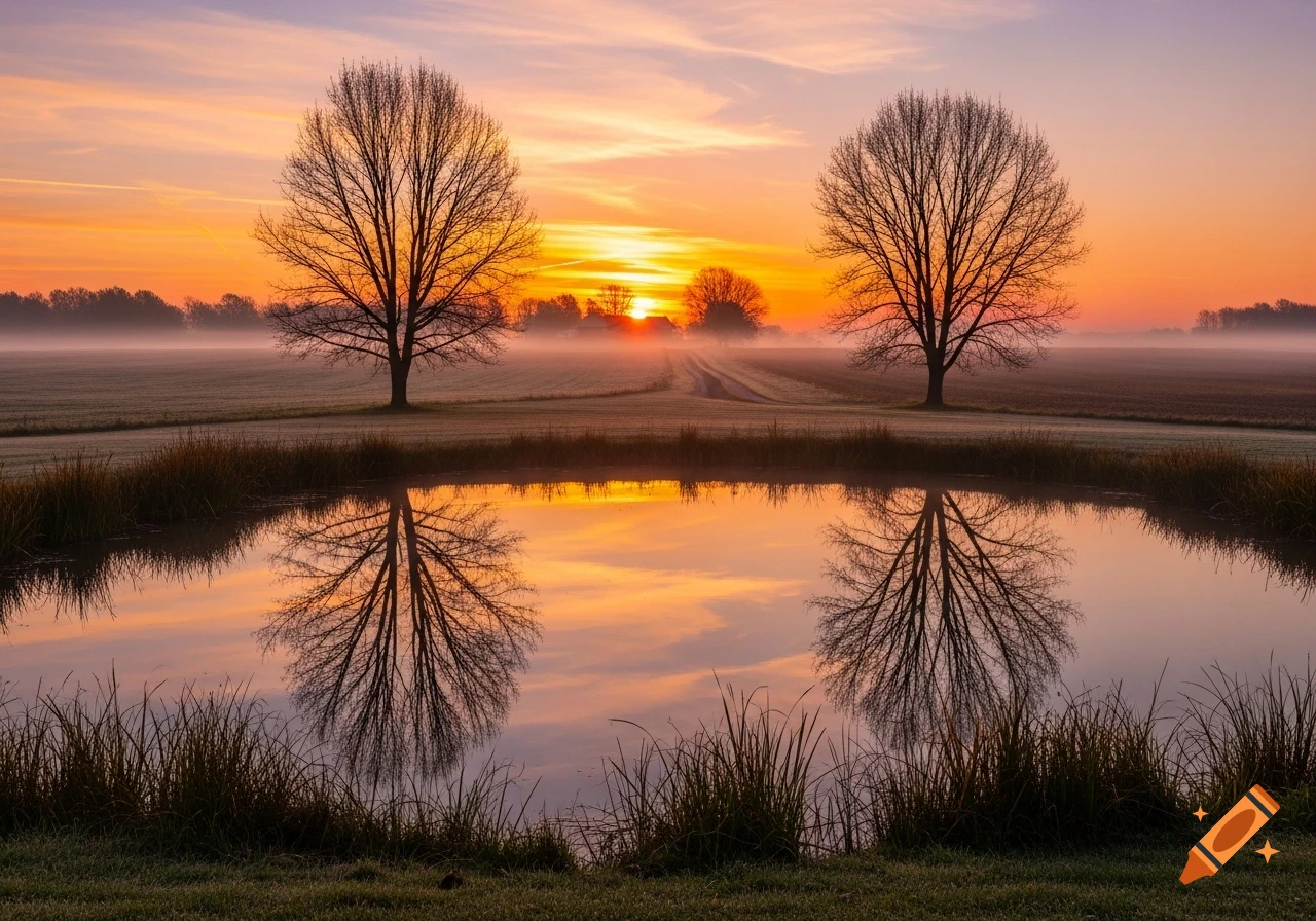 Two bare trees reflect in a calm pond at sunrise, with a misty field and path in the background.