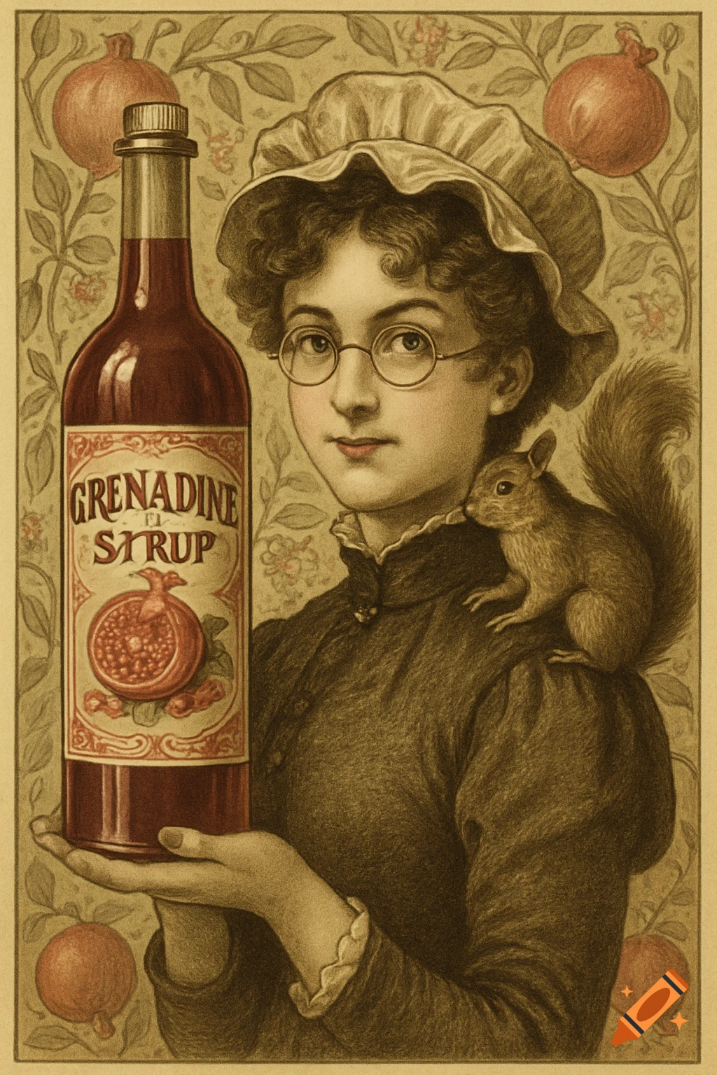 Victorian woman in glasses holding an oversized grenadine syrup bottle with a squirrel on her shoulder, in an 1890s advertisement style.