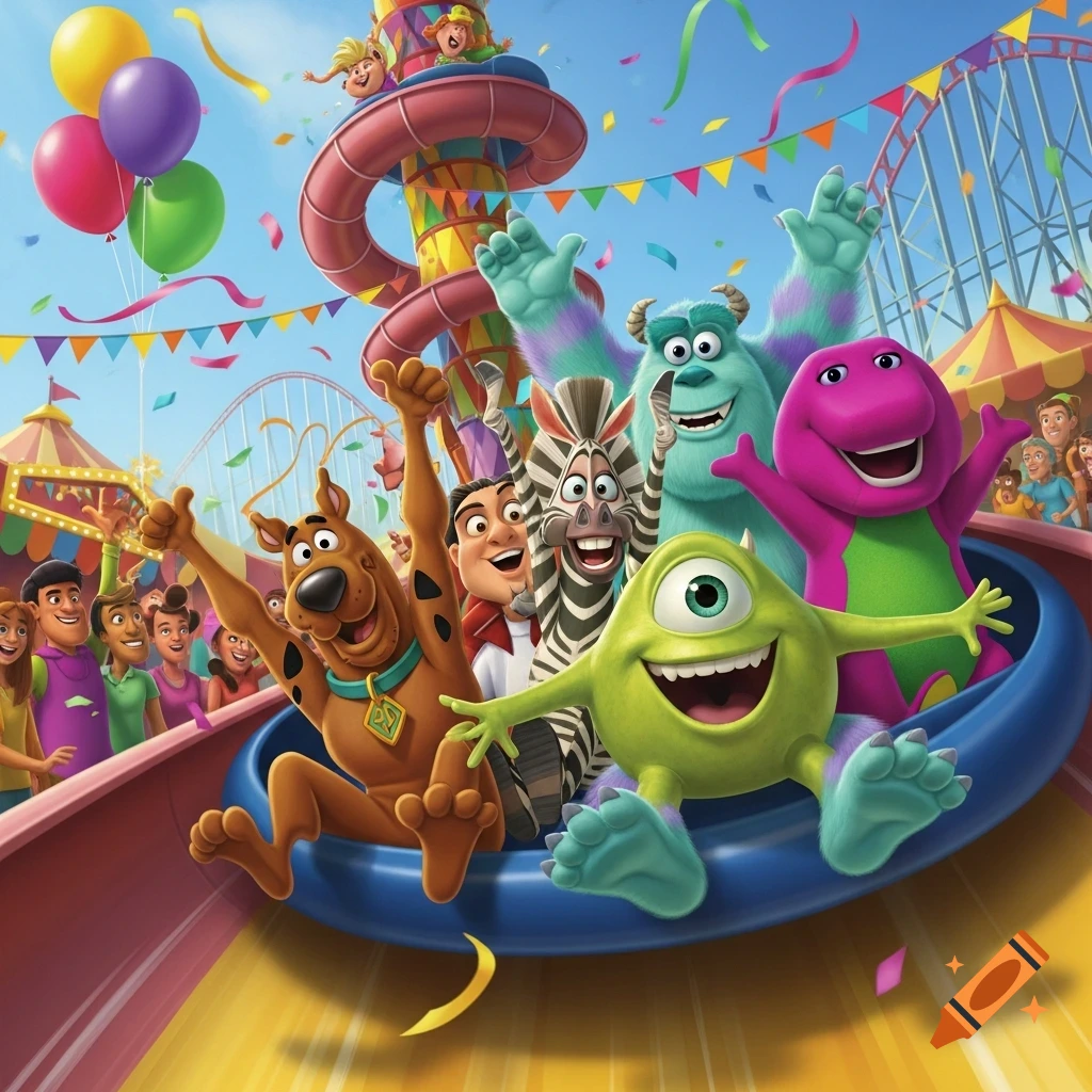 Scooby Doo, Marty the zebra, Mike Wazowski, Sully, and Barney slide down a waterslide at a vibrant amusement park.