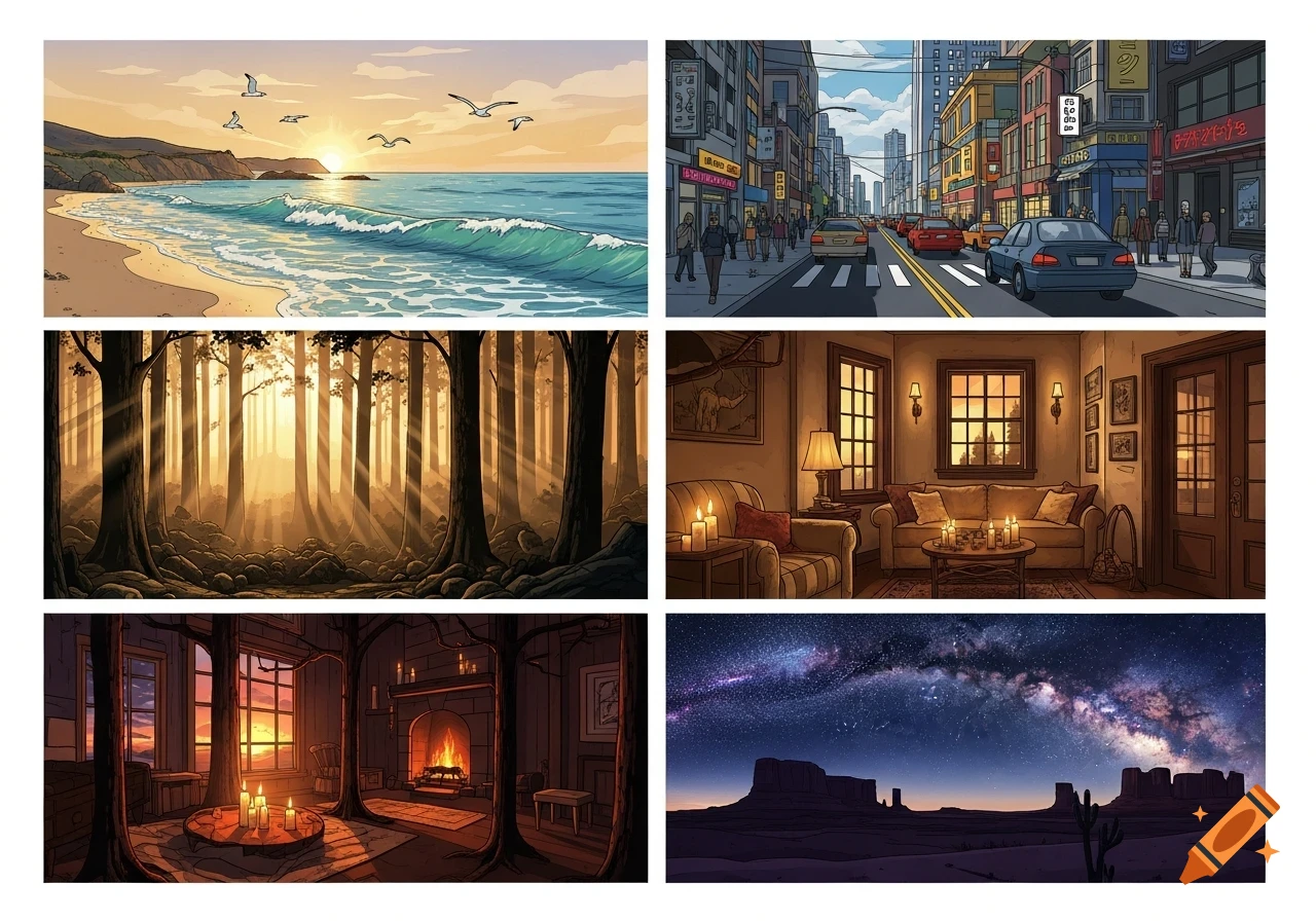 Collage of six illustrations: beach sunset, city street, sunlit forest, cozy room, cabin interior, and desert night sky.