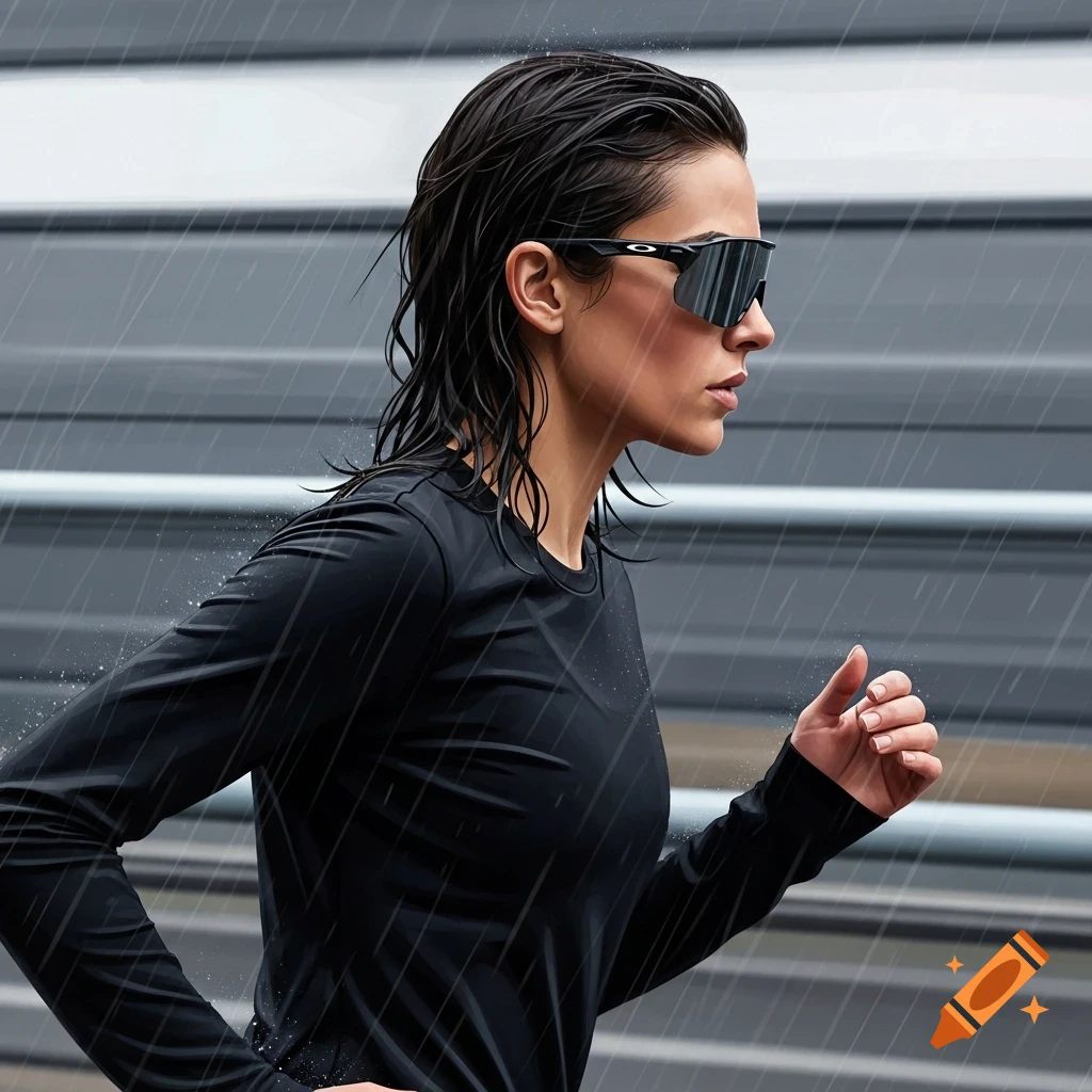 Photorealistic profile of a woman running in the rain, wearing a black long-sleeve top and black sports sunglasses, with wet hair.