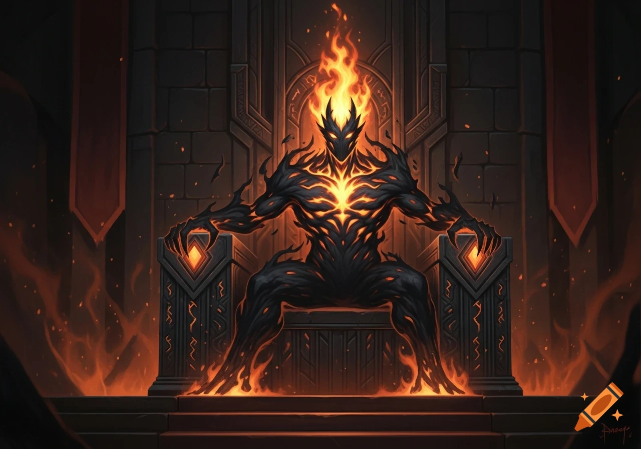 A formidable fire elemental made of black and orange flames sits menacingly on a stone throne in a dark chamber.