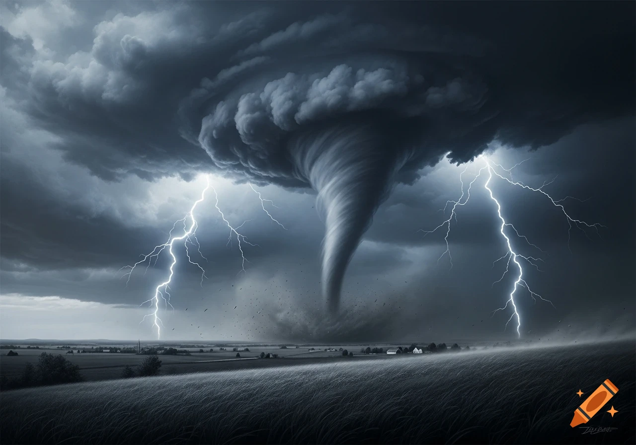 A massive, destructive tornado swirls downwards from dark storm clouds, illuminated by multiple bolts of lightning over a rural landscape.