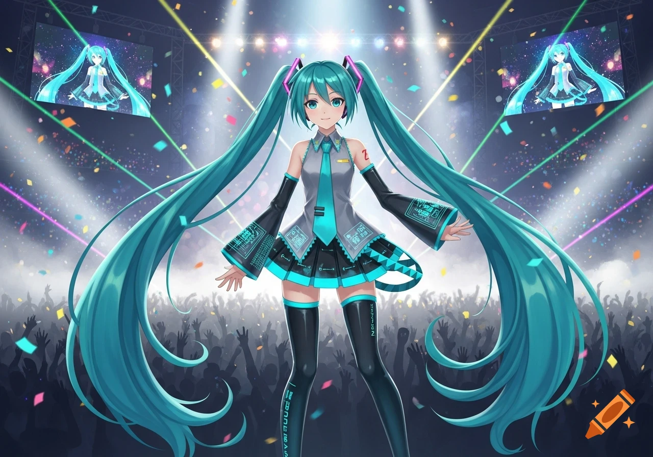 Hatsune Miku performs on stage in a teal and black outfit with long pigtails, surrounded by a cheering crowd, lights, and confetti.