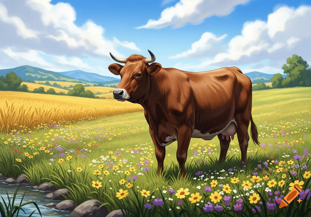 A brown cow stands in a vibrant wildflower field by a stream, with golden wheat fields and mountains under a blue, cloudy sky.