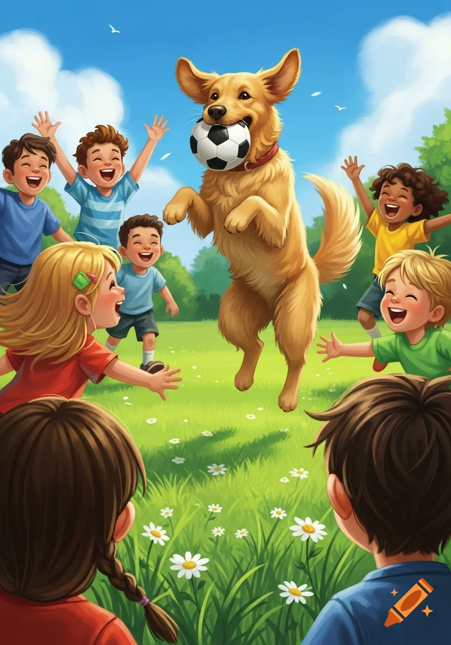 Smiling children play with a happy golden retriever holding a soccer ball in a sunny green field, cartoon illustration.
