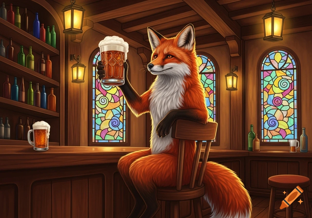 An anthropomorphic fox sits on a stool at a wooden bar, raising a foamy mug of beer. Stained glass windows are in the background.