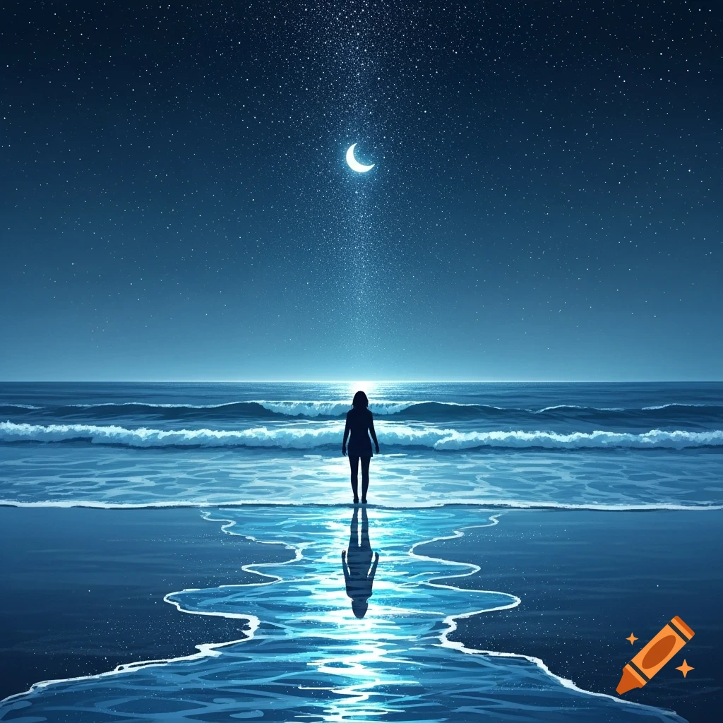 A lone silhouette stands on a moonlit beach, looking out at the ocean under a starry night sky with a crescent moon.