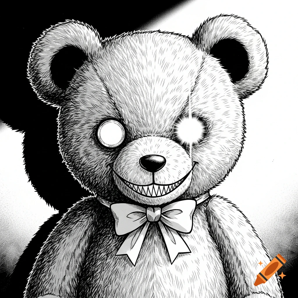 A black and white manga-style creepy teddy bear with one glowing eye and an evil, sharp-toothed grin, wearing a small bow.