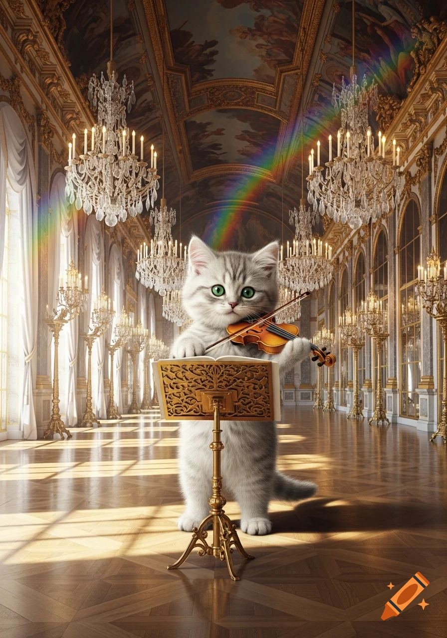 A fluffy grey and white kitten with green eyes plays a violin in a grand, ornate gold and white ballroom with chandeliers and a rainbow.