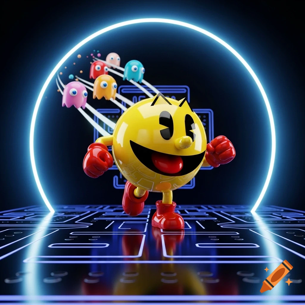 Vibrant 3D render of Pac-Man running on a neon maze with colorful ghosts chasing him behind a glowing blue ring.