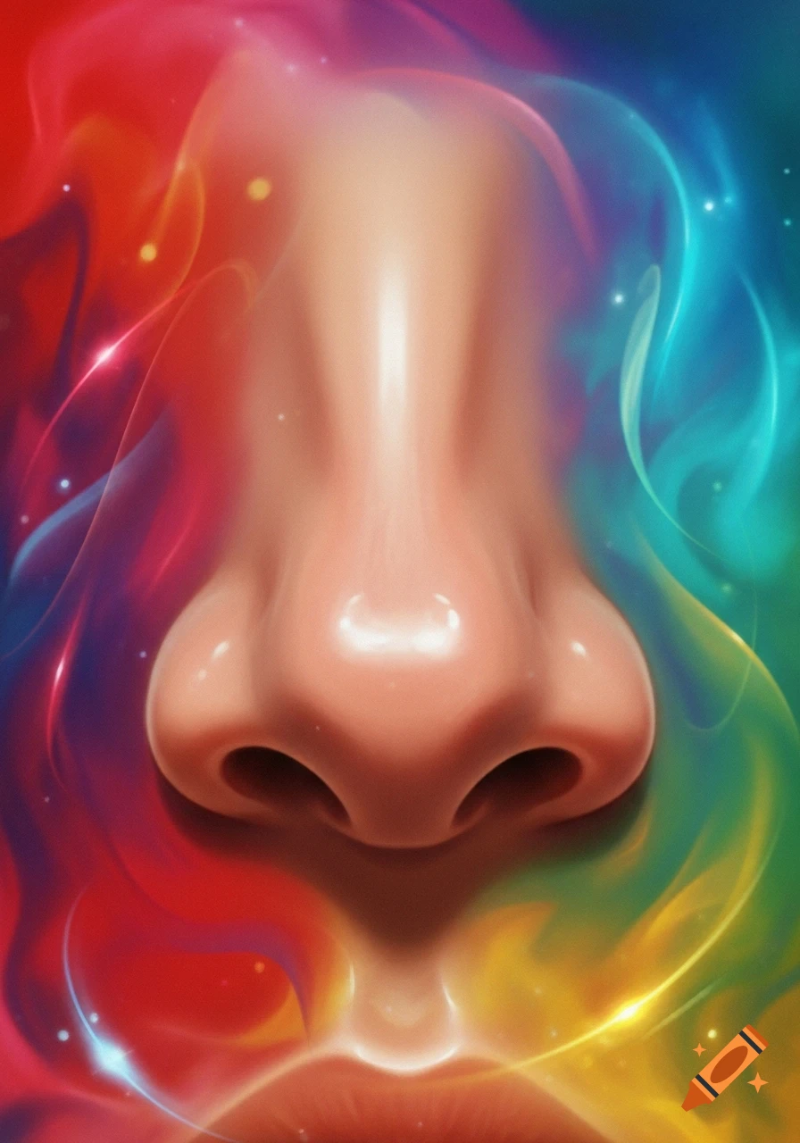 Close-up of a human nose and upper lip surrounded by swirling, glowing rainbow colors and light trails.