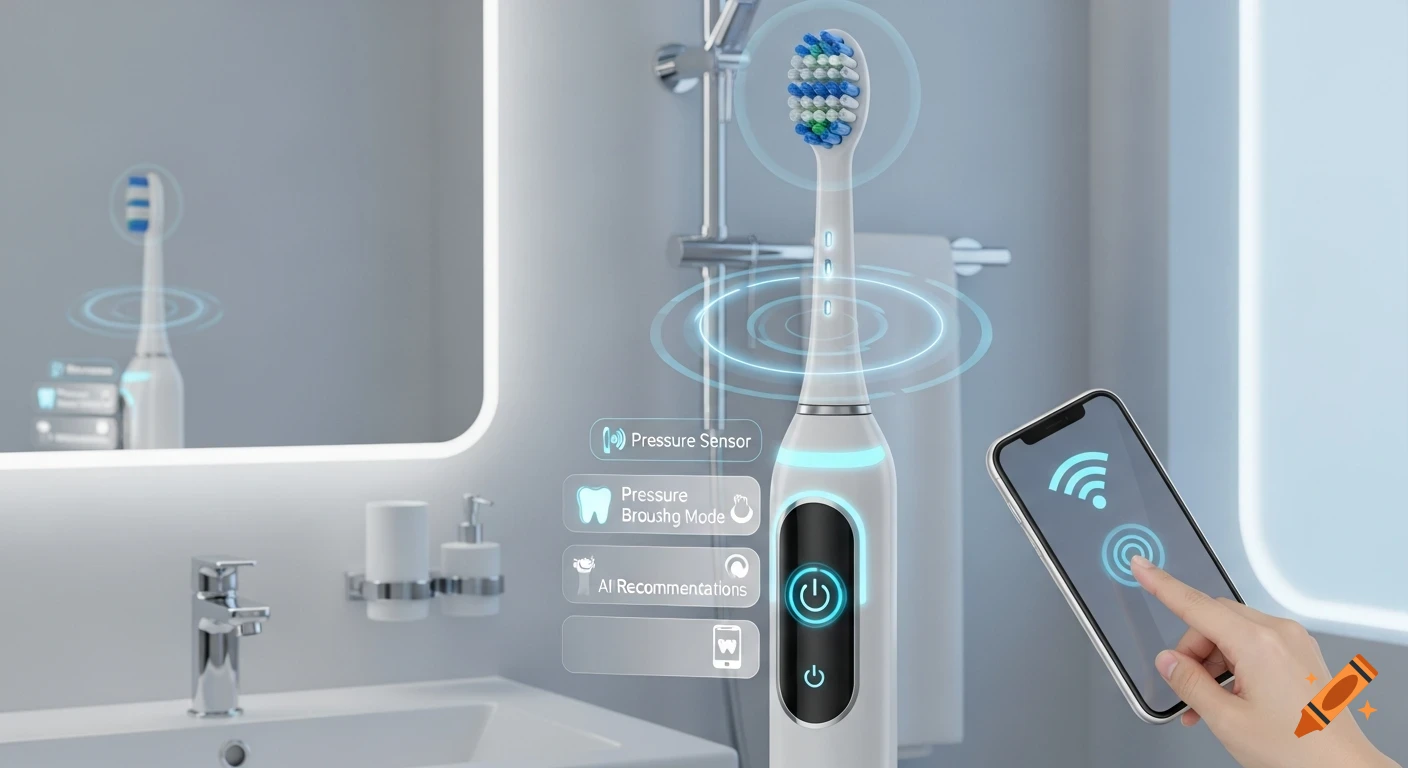 A smart toothbrush with blue glowing UI elements, displaying 'Pressure Sensor', 'Pressure Brousing Mode', and 'AI Recommendations' texts. A hand interacts with a smartphone showing a Wi-Fi symbol in a modern bathroom.