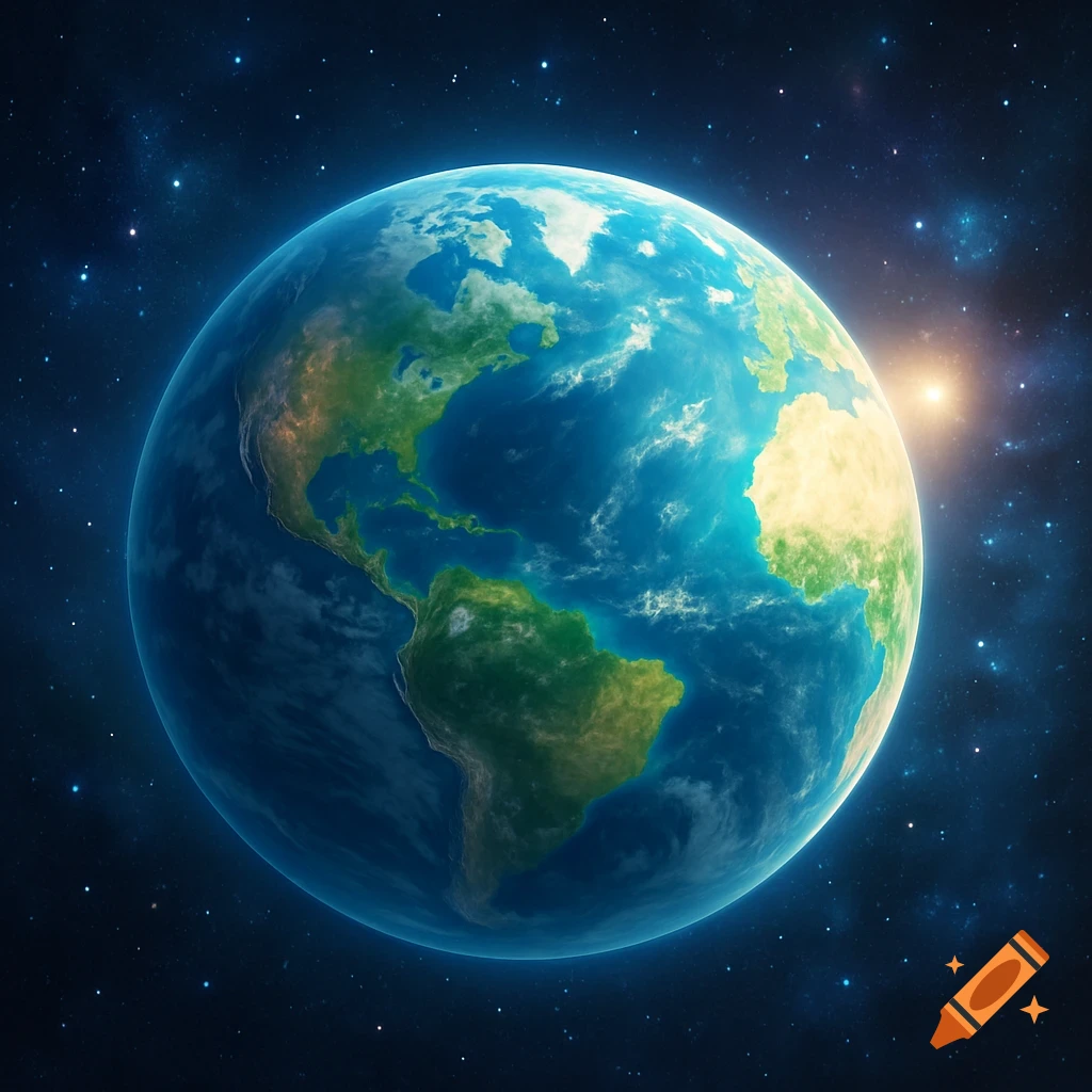 A vibrant, photorealistic Earth seen from space, with visible continents, blue oceans, and stars in the background, illuminated by a sun glare.