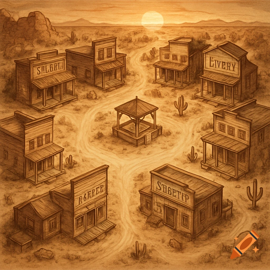An isometric, sepia-toned illustration of a Western town at sunset with dirt roads connecting buildings around a central well.