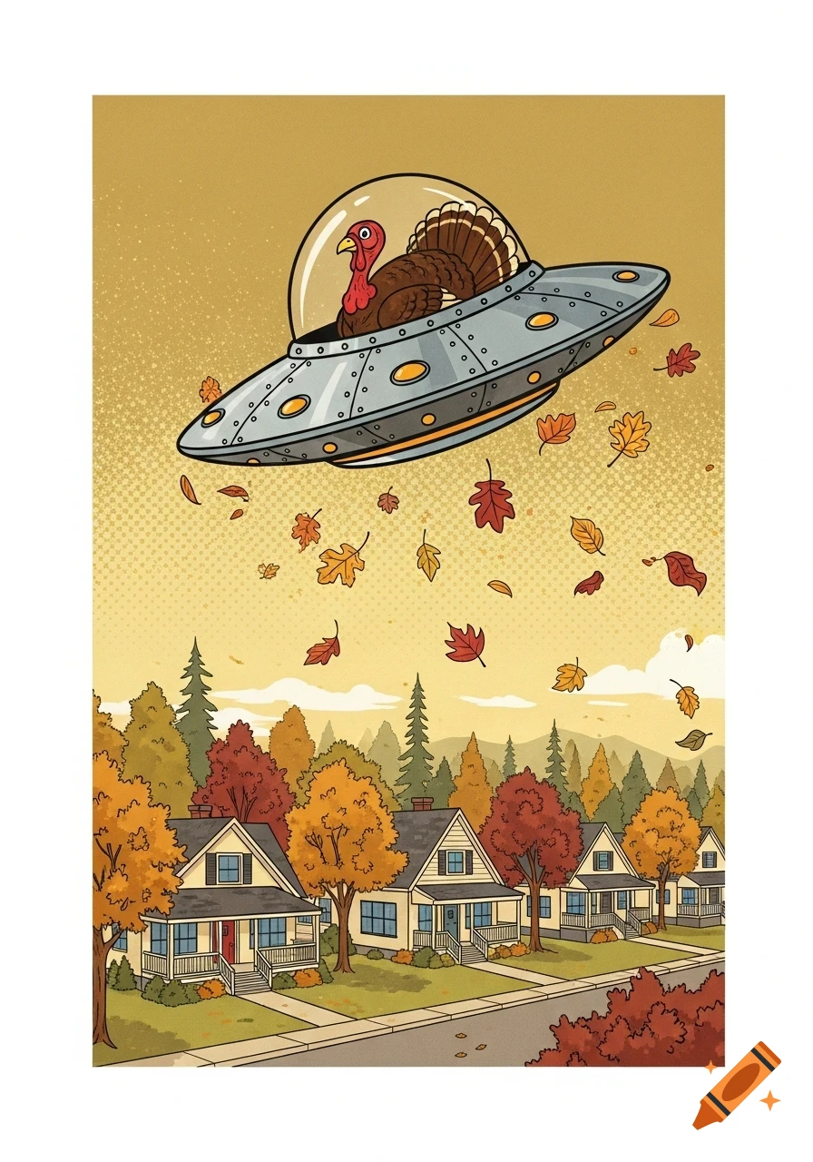 A cartoon Thanksgiving turkey flies a UFO over an autumn neighborhood with falling leaves, in a retro screen print style.