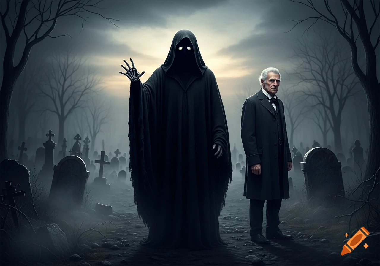A dark cloaked figure with glowing eyes and an old man stand in a misty graveyard under a gloomy sky.