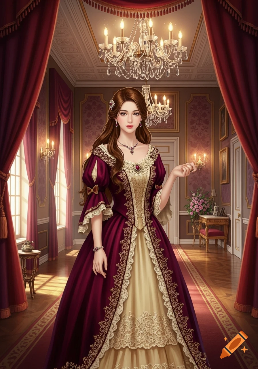 A young woman in an elaborate burgundy and gold Victorian dress stands in a lavish, richly decorated room with chandeliers.