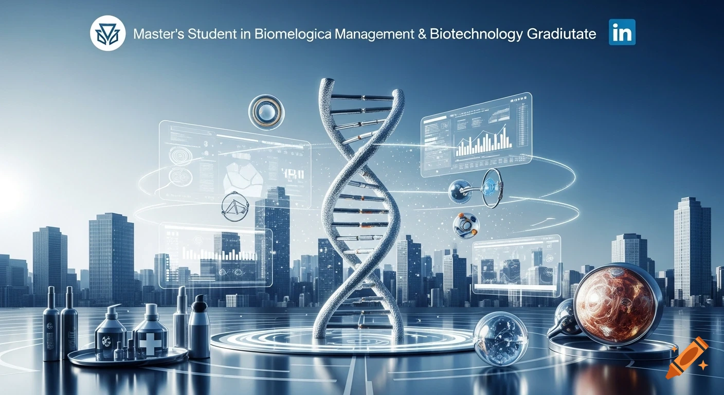 Futuristic cityscape with a prominent DNA helix, holographic screens, scientific equipment, and cosmetic bottles, with text at the top.