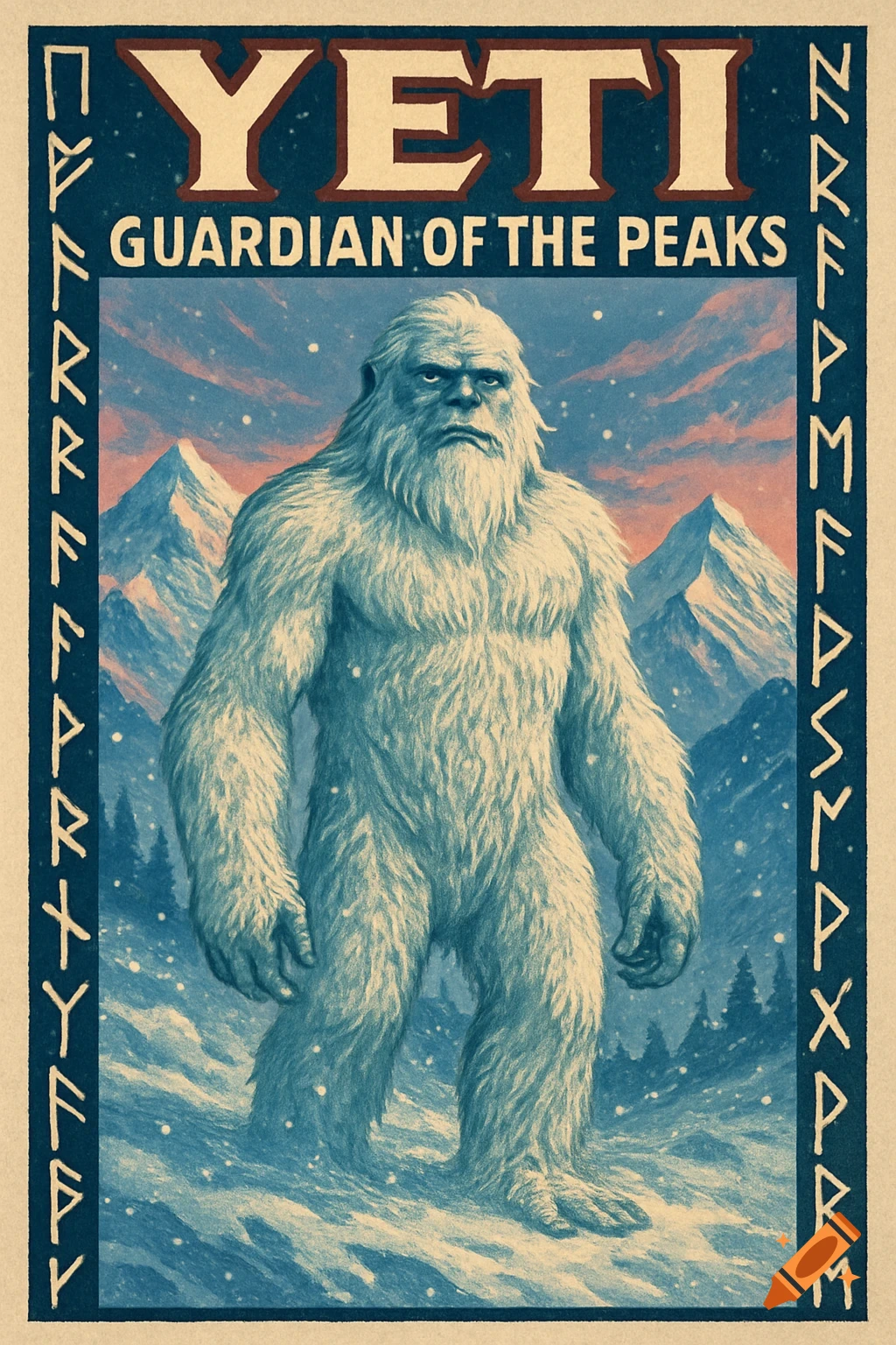 Illustrated poster art of a white Yeti standing in a snowy mountain landscape, with text "YETI GUARDIAN OF THE PEAKS".
