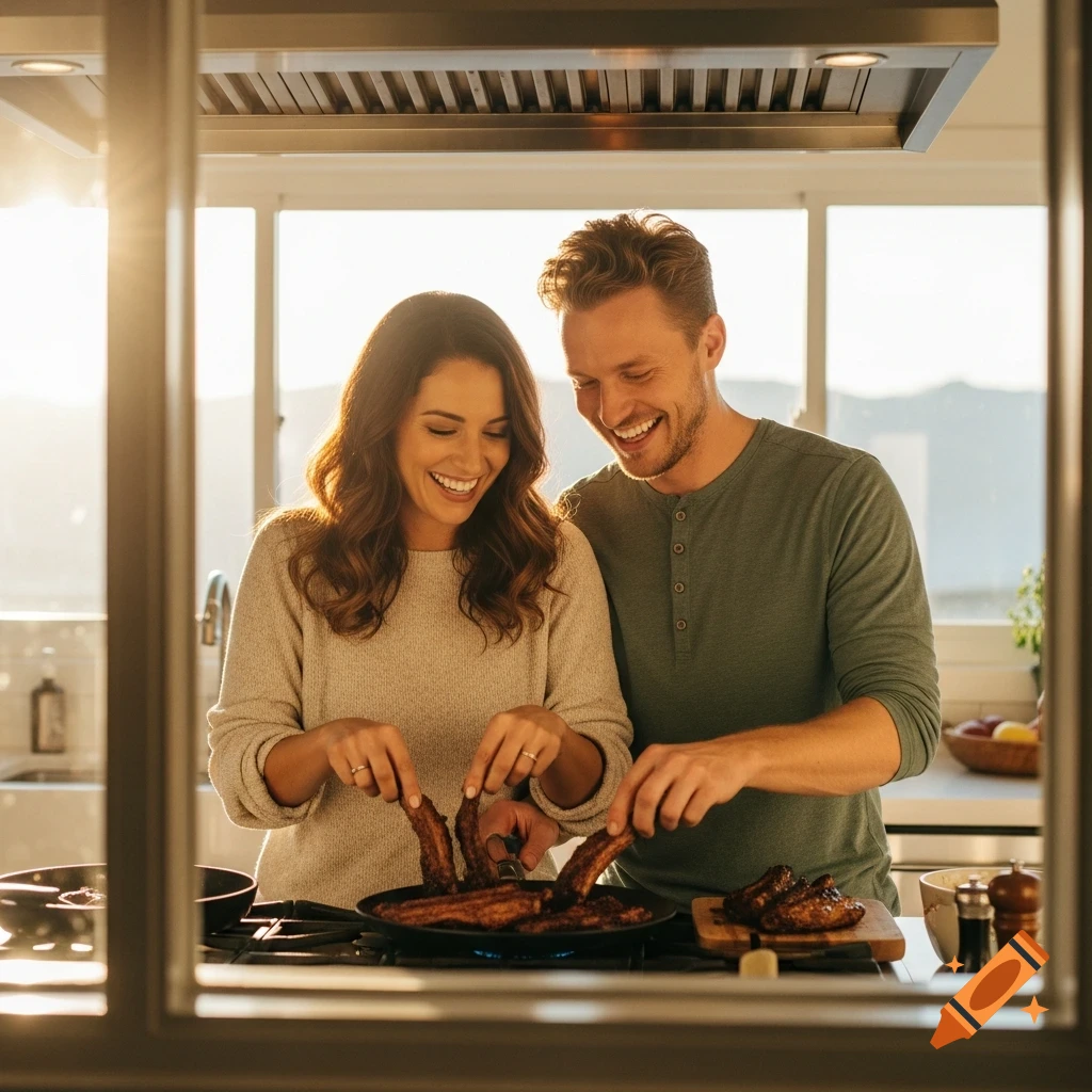 A happy couple cooks BBQ spareribs in a bright, sunlit kitchen, framed by a window.