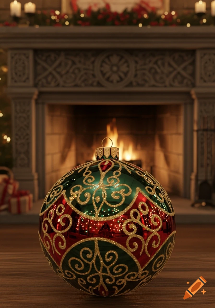 A close-up of a festive green and red Christmas ornament with gold glitter patterns, reflecting lights, in front of a warm fireplace.