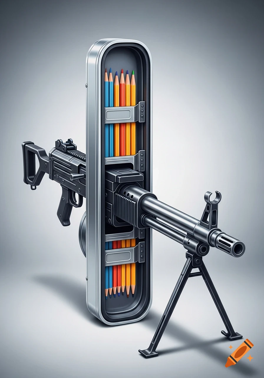 A detailed illustration of a metal pencil case integrated with a machine gun, filled with colorful pencils.
