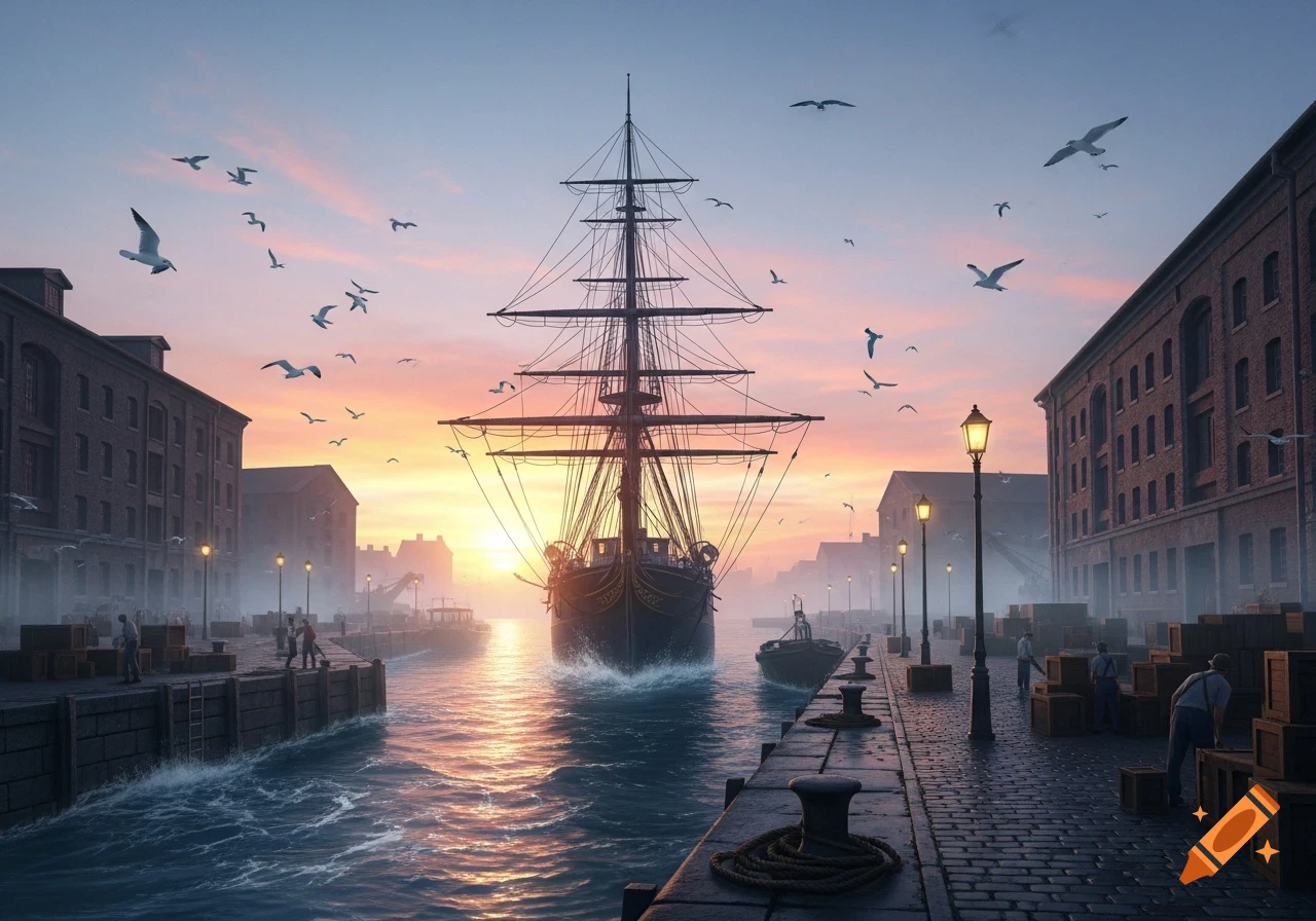 A large sailing ship enters a busy, photorealistic harbor at sunset, with brick buildings, dockworkers, and gulls flying overhead.