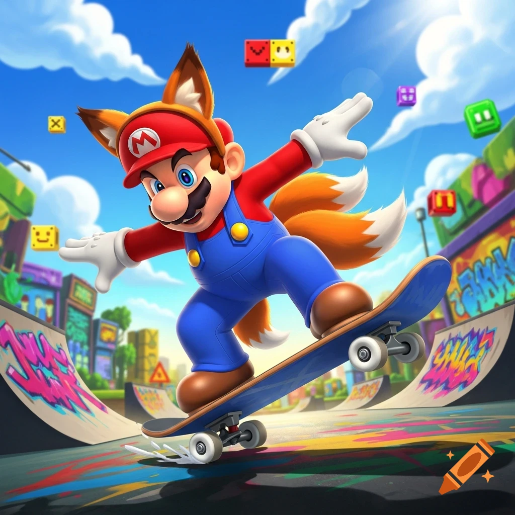 Tanooki Mario with fox ears and tail rides a skateboard in a colorful, graffiti-filled skate park with pixel blocks floating in the sky.