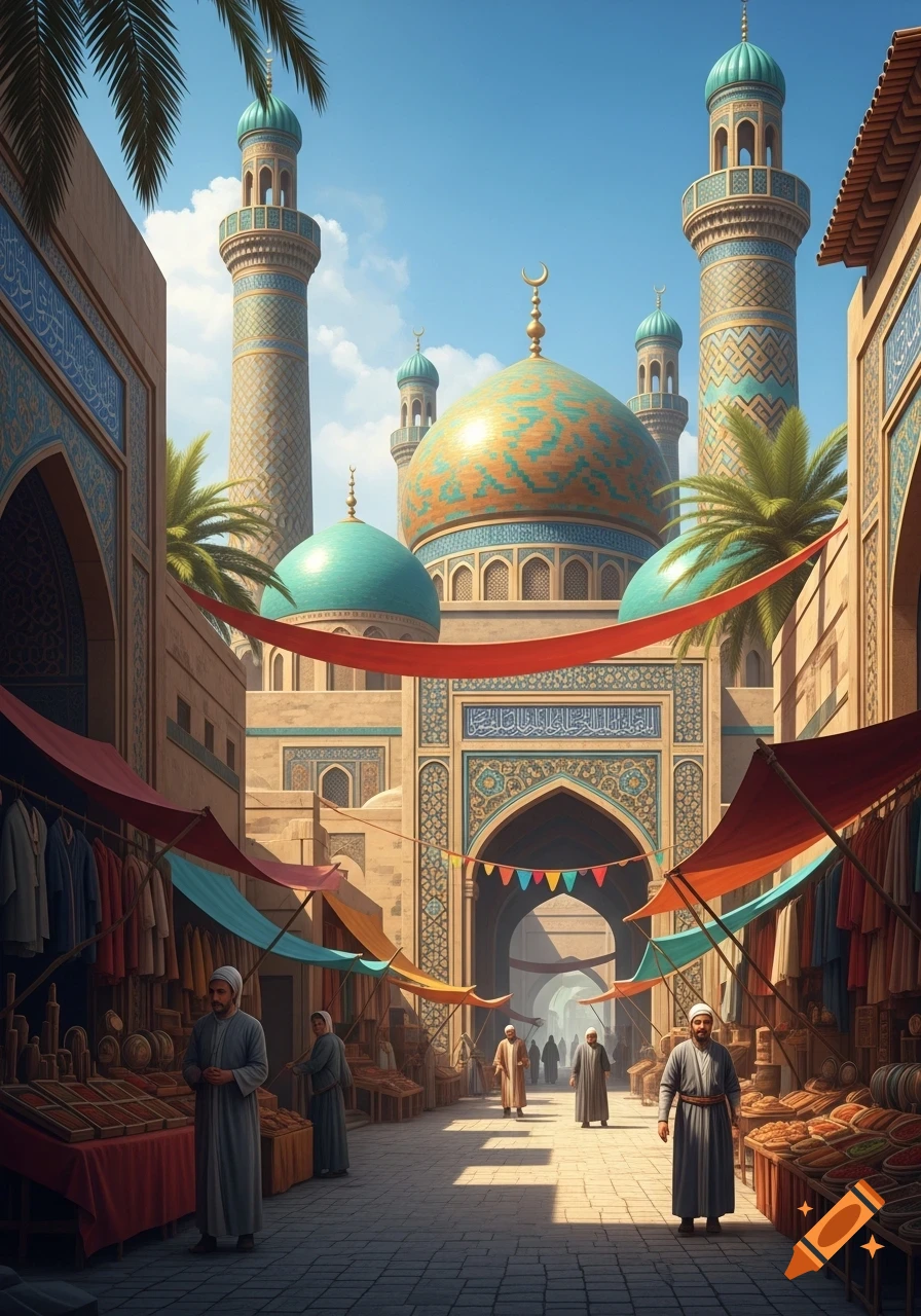 A vibrant marketplace in an Islamic city with ornate mosques, minarets, and people browsing goods under colorful awnings.
