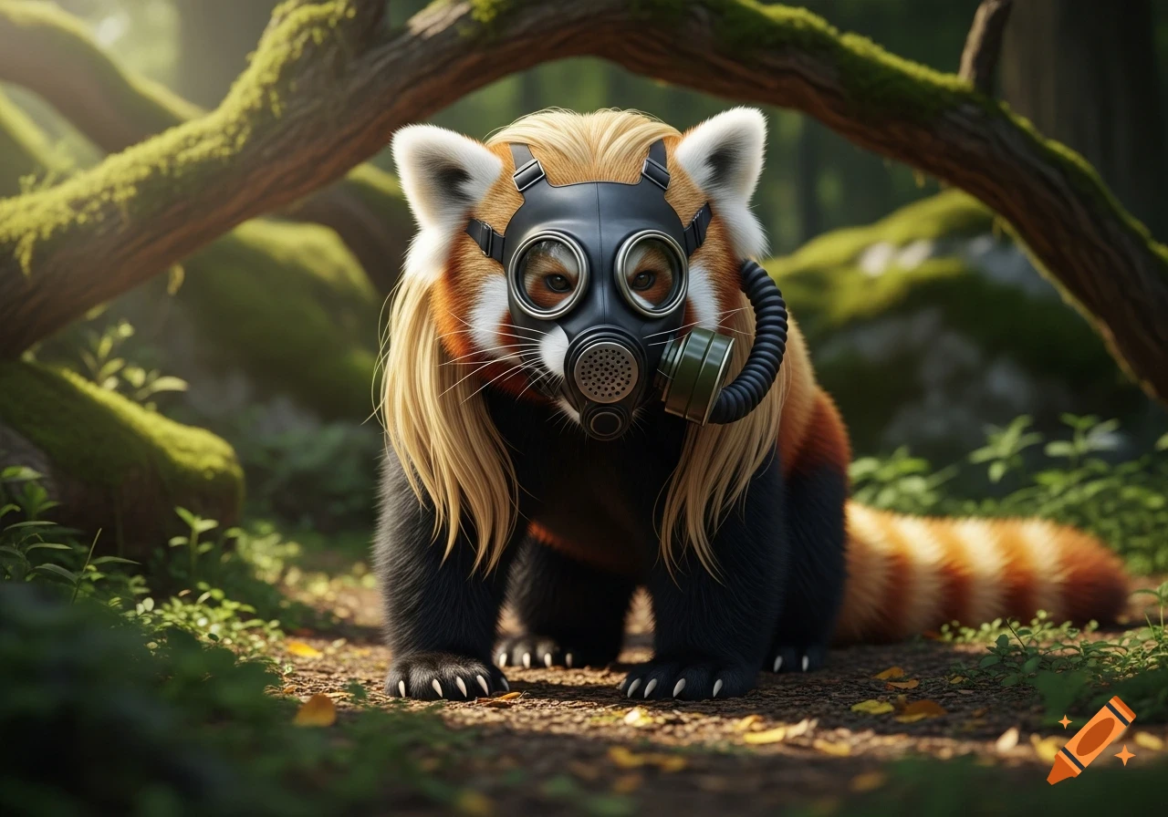 A photorealistic red panda with long blonde hair and a gas mask stands in a green forest.