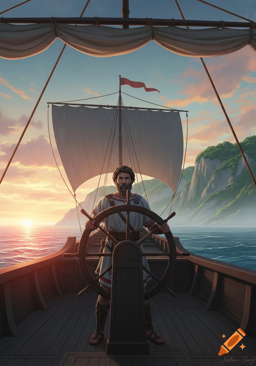 Bearded man in ancient Greek attire steers a wooden ship at sunset, navigating the open sea with distant mountains.