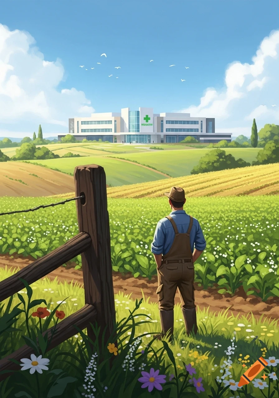 An illustrative view of a farmer looking out over green fields towards a modern health center under a blue sky.