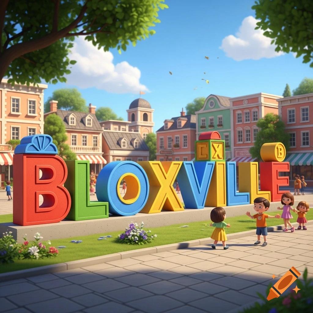 Colorful cartoon 3D town square with children near a large, block-lettered sign spelling 'BLOXVILLE' under a bright sky.