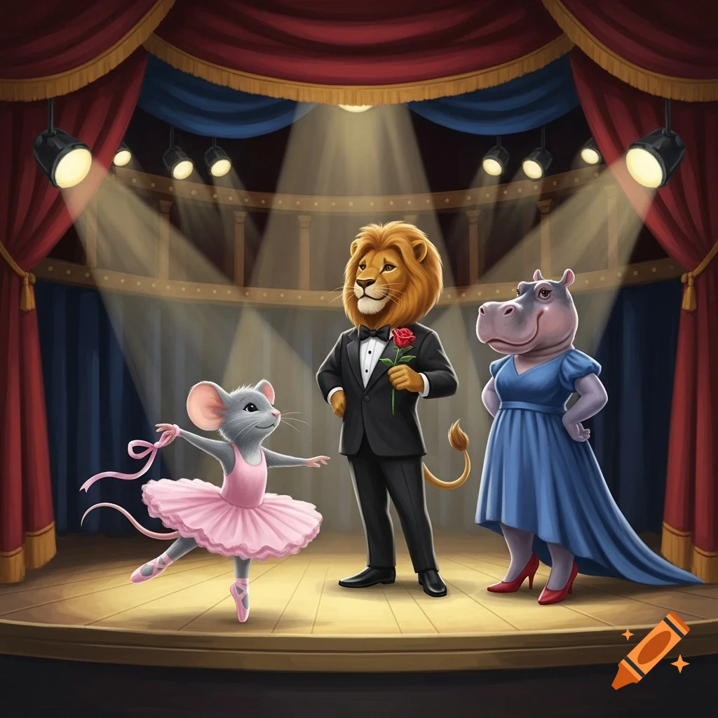 An illustrated mouse ballerina, a lion in a tuxedo with a rose, and a hippo in a blue dress and red heels on a theatre stage.