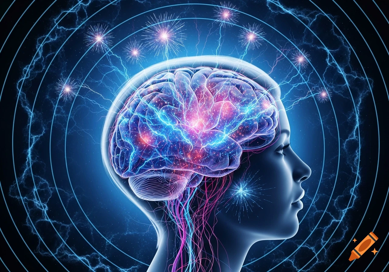 A stylized profile of a woman's head with an intricately glowing brain emitting blue and pink energy, surrounded by electric arcs and concentric circles.