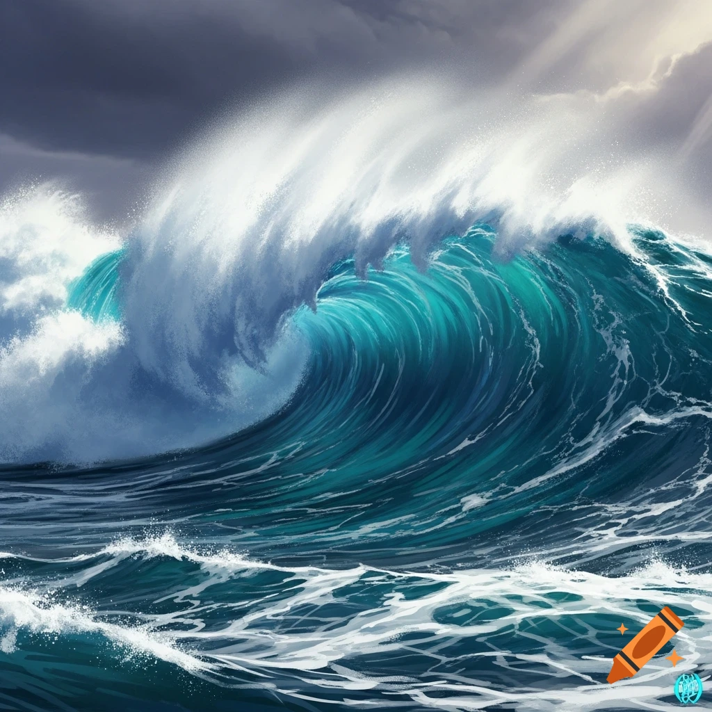 A massive, powerful teal and white ocean wave crests under a dark, stormy sky.