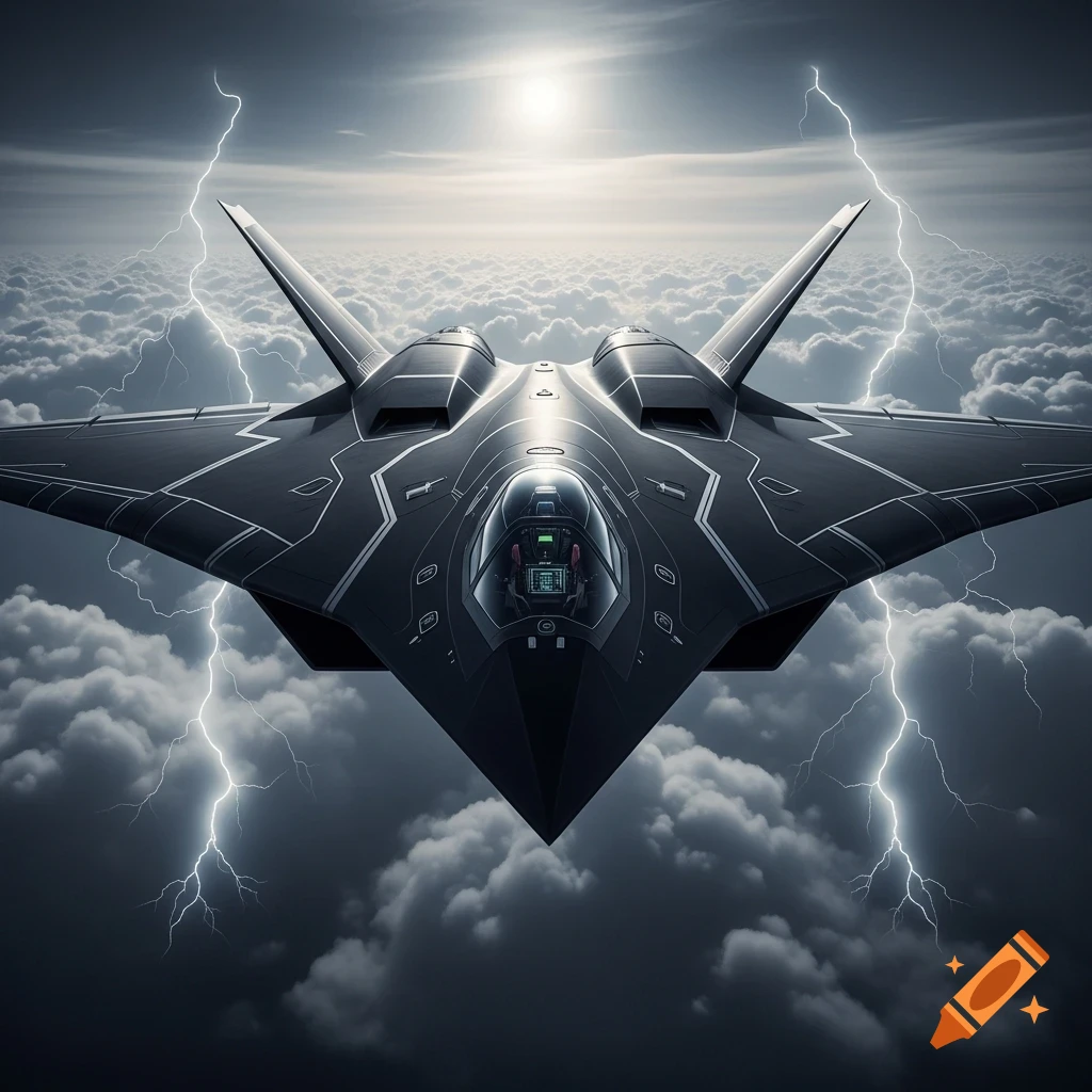A dark, futuristic stealth fighter jet with a bat-like design flies through a cloudy, stormy sky with lightning.