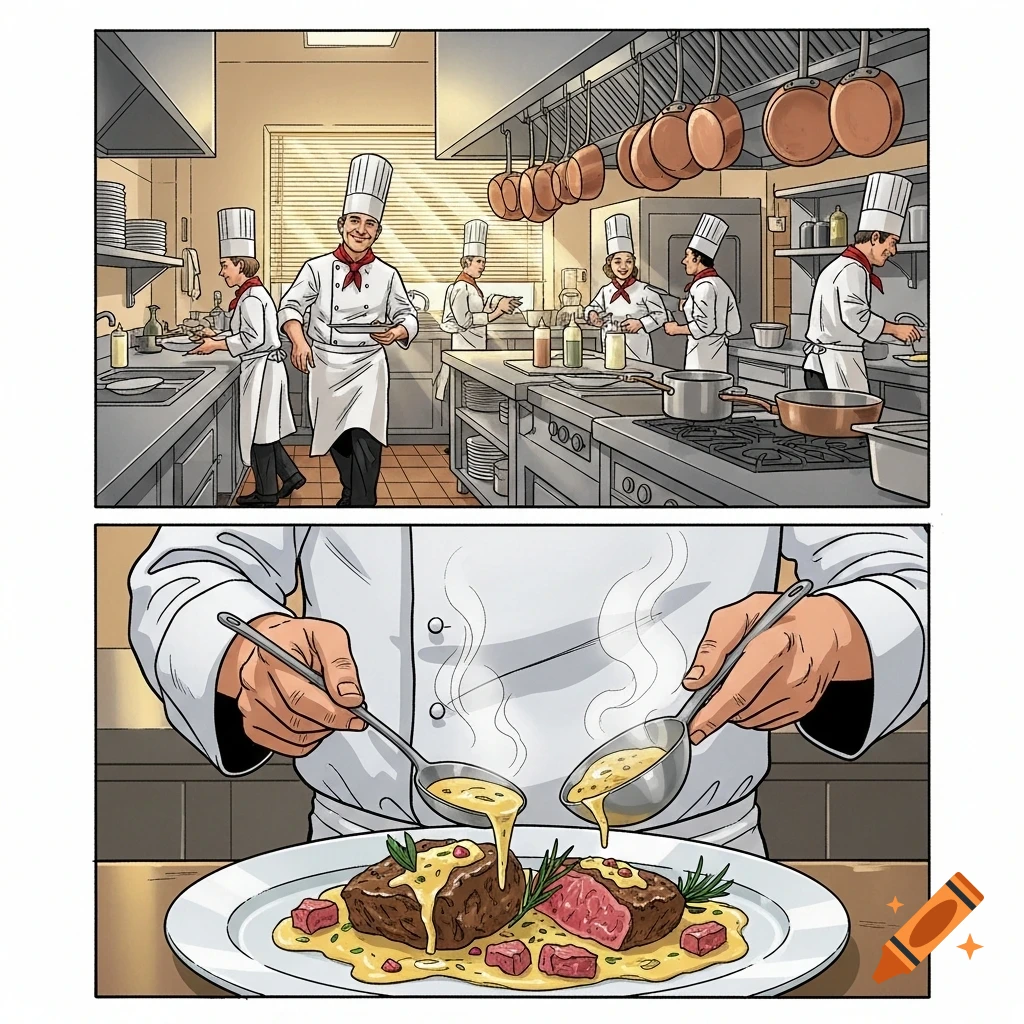 An illustrated two-panel scene. Top: Chefs work in a bustling kitchen. Bottom: A chef spoons sauce over a steak dish.