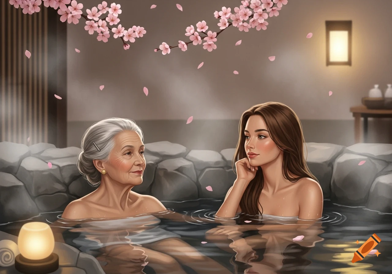 Two women, one older and one younger, relax in a hot spring with falling cherry blossoms in a realistic illustration style.