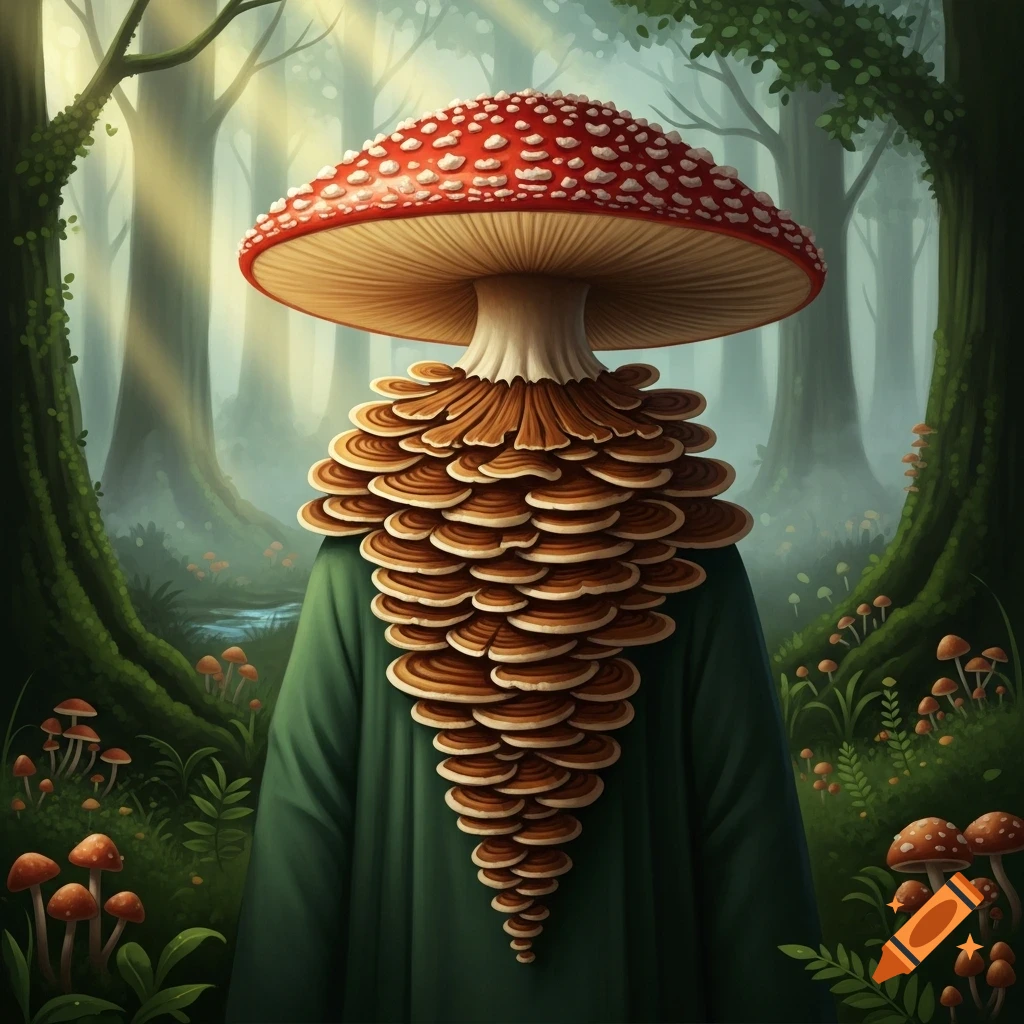 A person with a red-capped mushroom for a head and layered shelf fungus for a beard, standing in an enchanted forest with sunbeams.