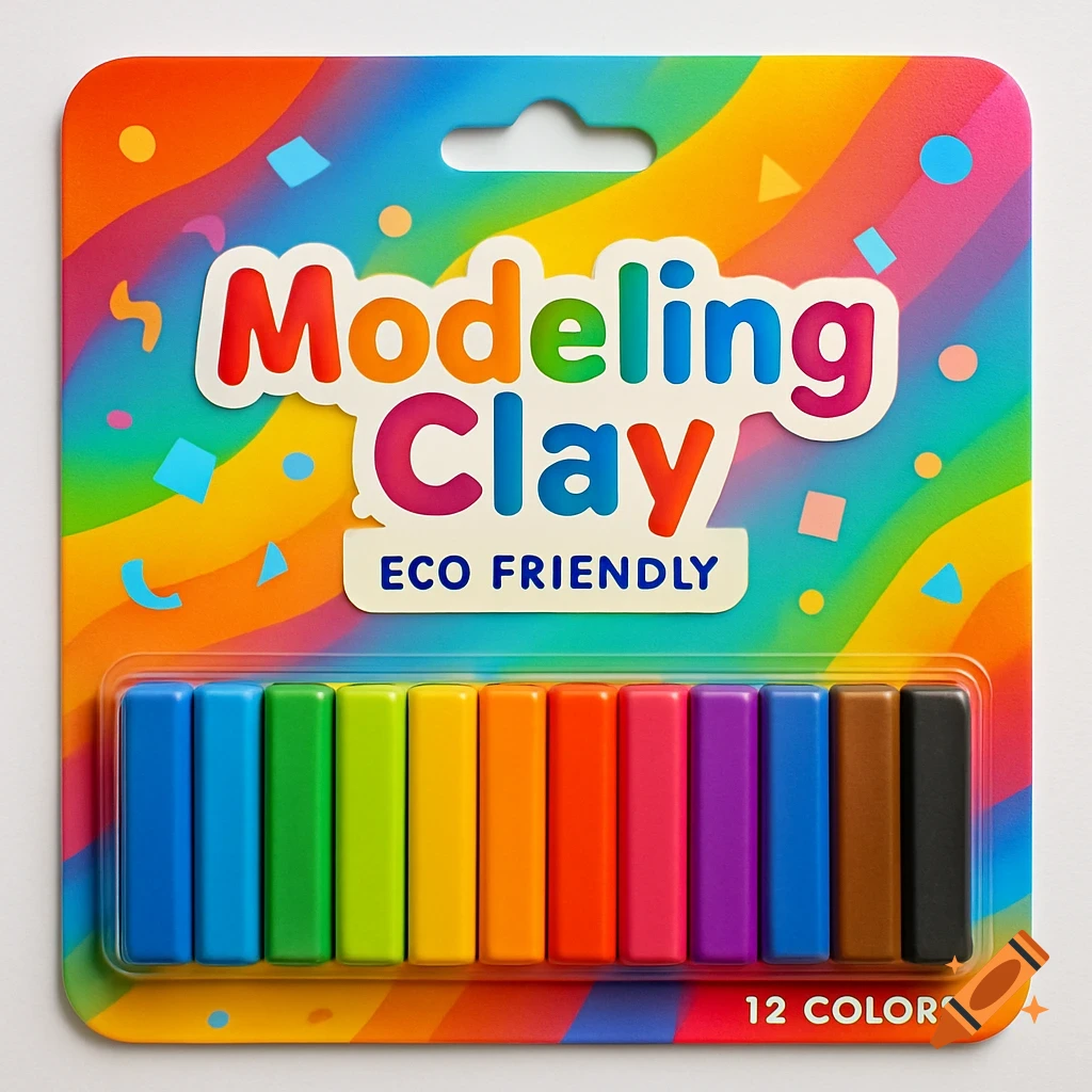 A bright, colorful package of 12 modeling clay sticks, labeled 'Modeling Clay' and 'ECO FRIENDLY'.