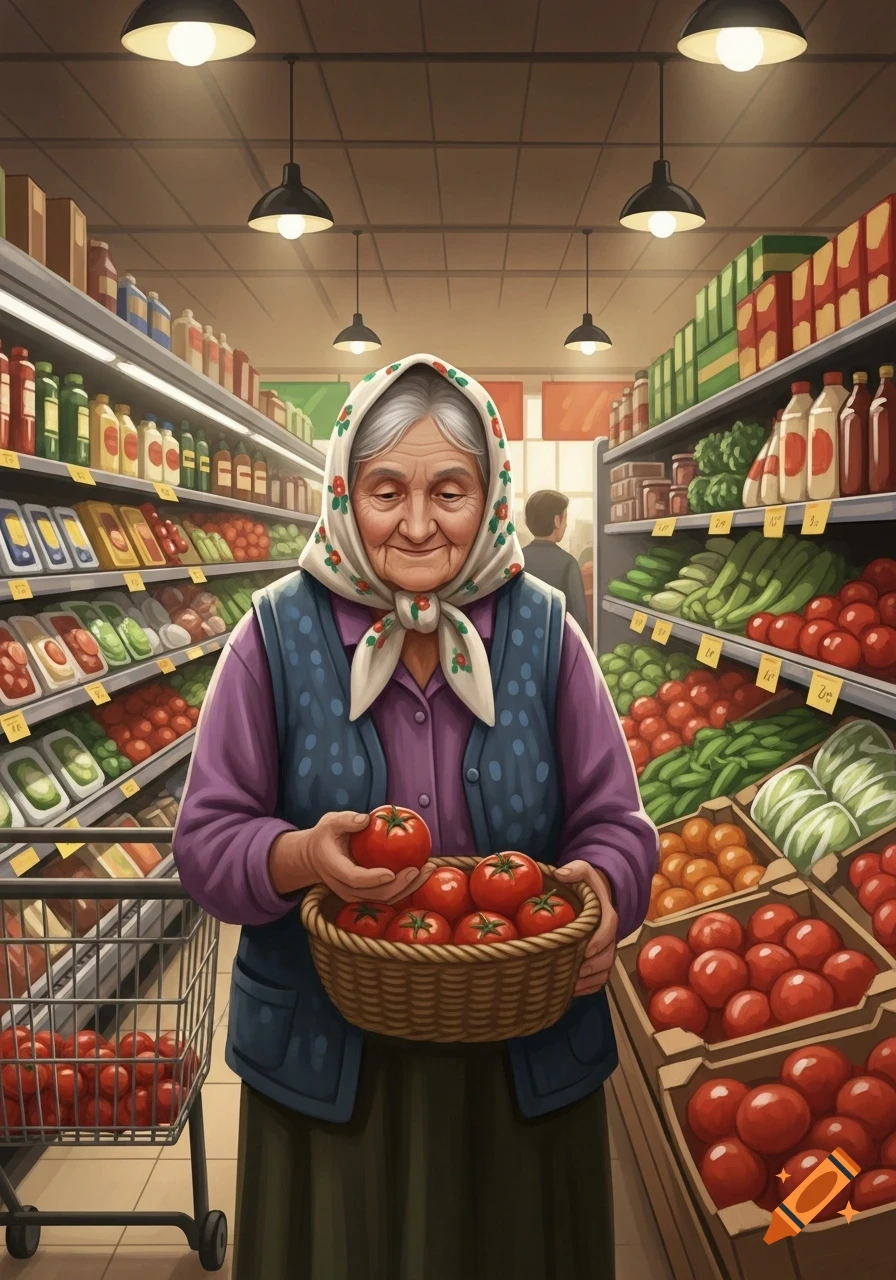 An old woman in a headscarf smiles, holding a basket of tomatoes in a busy supermarket aisle, illustrated.