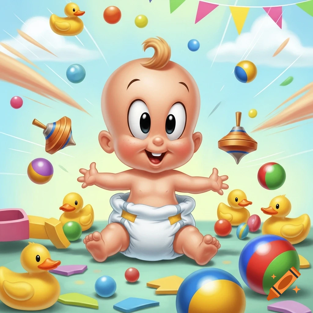 A cheerful cartoon baby in a diaper sits amidst rubber ducks, colorful balls, and spinning tops under a blue sky with clouds.