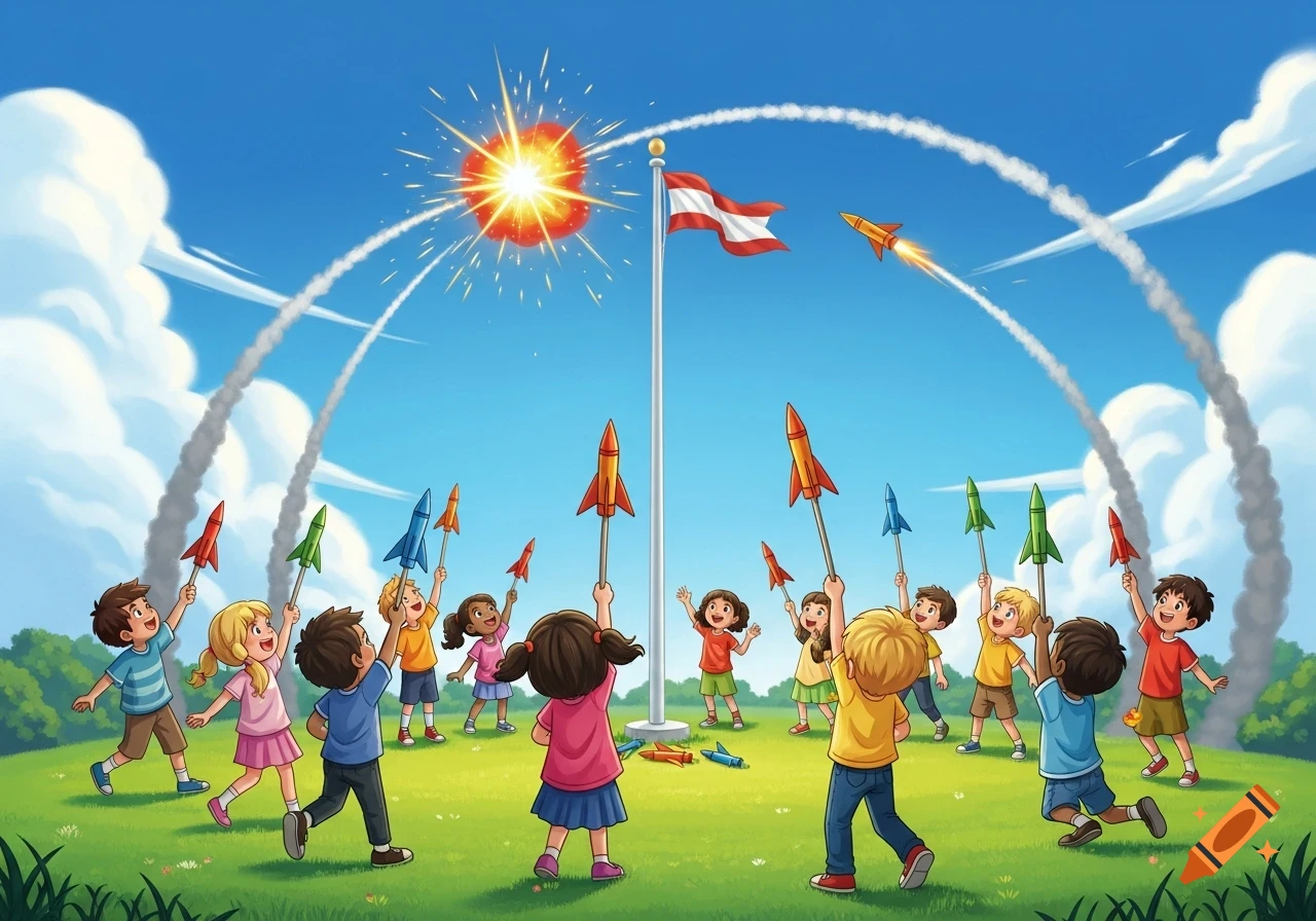 Cartoon children launch colorful rockets around a flagpole with an Austrian flag, with a stylized explosion in the sky.